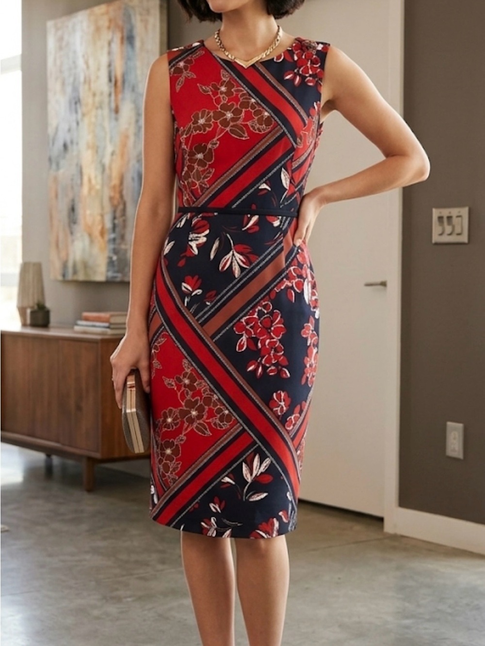Enfocus Studio Red & Navy Floral Sheath Midi Dress size 6